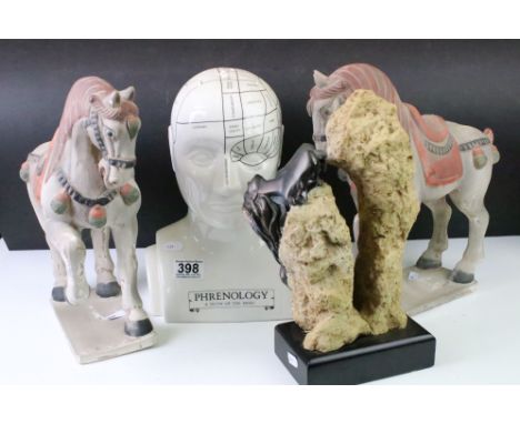 Phrenology ' A Study Of The Mind ' scientific interest ceramic bust (29.5cm high), together with a pair of Chinese ceramic ho