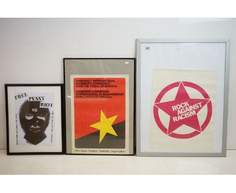 Three posters, comprising: Rock Against Racism, 58 x 46cm, Emergency International Solidarity Conference with the People of A