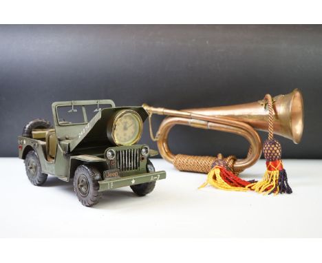 Copper &amp; brass bugle with applied U.S Cavalry brass insignia, together with a Willys US Army Jeep tinplate model (with cl