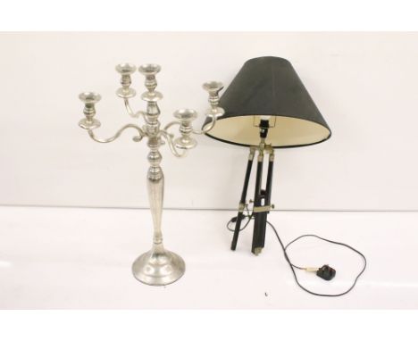 Large five-light cast metal candelabrum, with moveable branches (approx 69cm high), together with a lamp with adjustable wood