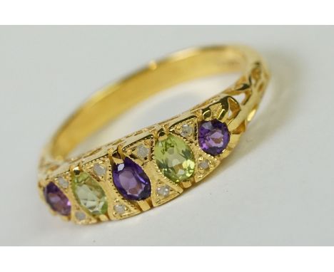 Silver gilt ring set with amethyst peridot and diamonds