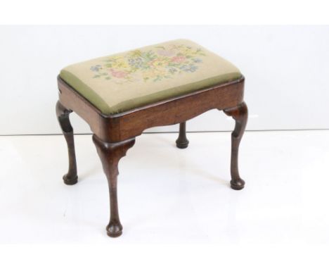 Queen Anne style Walnut Dressing Stool with tapestry upholstered drop-in seat and raised on cabriole legs with pad feet, 55cm