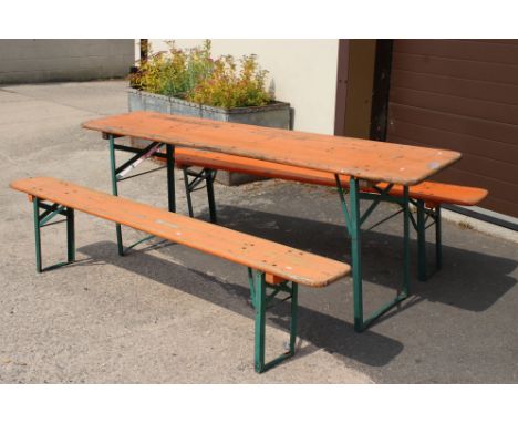 German style Festival / Beer Bench Set comprising orange painted pine table with metal folding legs, 220cm long x 50cm wide x