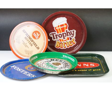 Advertising - Five metal Pub drinks serving trays to include Springfield Bitter, Younger's, Foster's, Whitbread Trophy Bitter