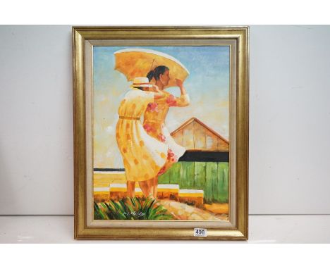An impressionist oil painting portrait of a ladies with parasol beside beach hut signed M Field, measures approx 53cm x 41cm 