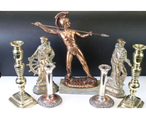 Group of mixed metal ware to include a large pair of Victorian brass candlesticks (29cm high), a large pair of flat-back bras