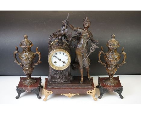 Early 20th century French spelter &amp; marble clock garniture, the clock with white enamel dial, housed within a spelter cas