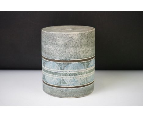 Troika pottery cyclindrical lamp base, decorated with a band of geometric design, signed 'Troika AB Cornwall' to base, 14.5cm