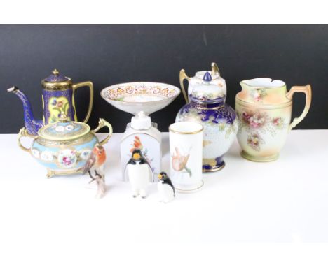 Collection of ceramics to include: Noritake bulbous vase and cover, with centrally painted landscape panel on a jewelled grou