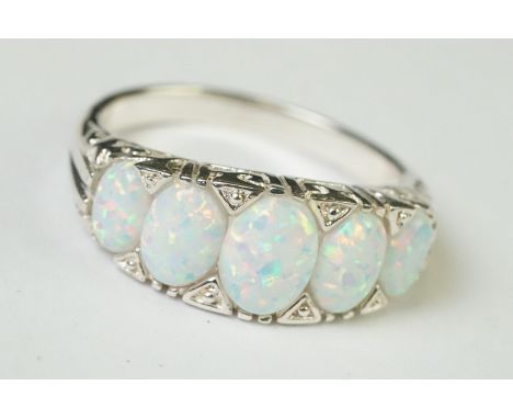 Silver five stone opal ring 