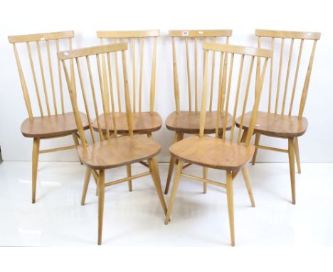 Set of Six Ercol Blonde Elm and Beech Stickback Chairs, model 608, each chair 42cm wide x 93cm high 