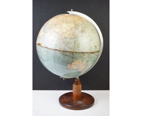 Early-to-mid 20th C Philips 13 1/2 inch Standard Globe, raised on a turned mahogany base with inset compass 