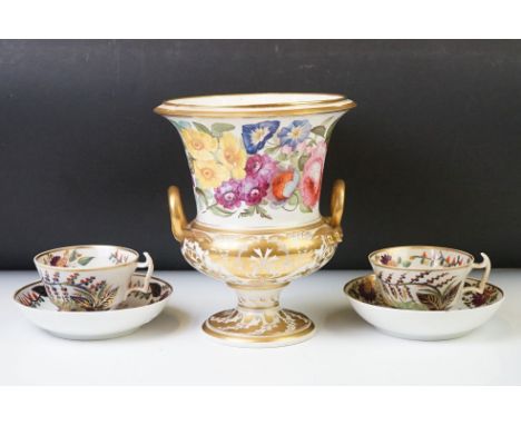 Crown Derby twin handled vase of footed form, hand-painted with flowers, with gilt decoration, 20cm high and a pair of Crown 