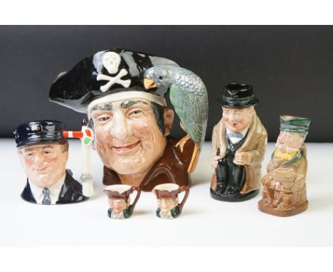 Six Royal Doulton character jugs, to include: 'Long John Silver', D.6335, Winston Churchill, Mr Micawber, 'The Engine-Driver'