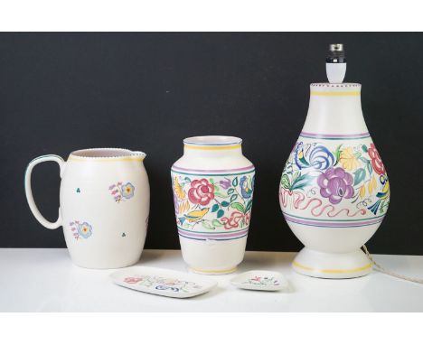 Collection of Poole Pottery to include: a lamp base of flared footed form, 'LE' pattern, 38.5cm high to top of fittings, a va