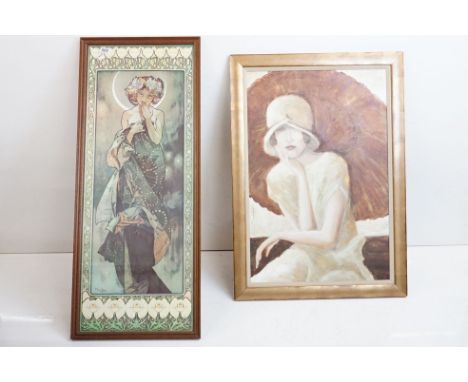 After Alfonse Mucha, Large Print of an Art Nouveau Lady, 115cm x 44cm, framed and glazed together with Acrylic Painting of 19