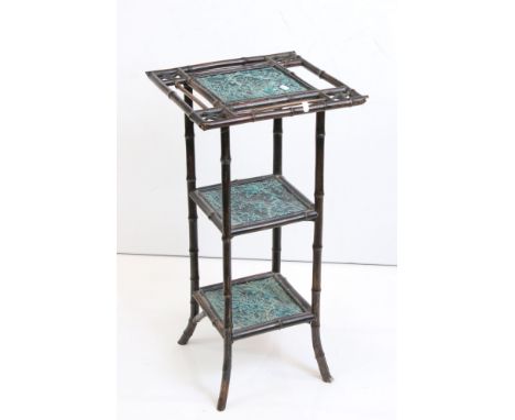 Victorian Aesthetic Movement style Three Tier Square Bamboo, each tier inset with a Minton Tile with leaf decoration, 38cm wi