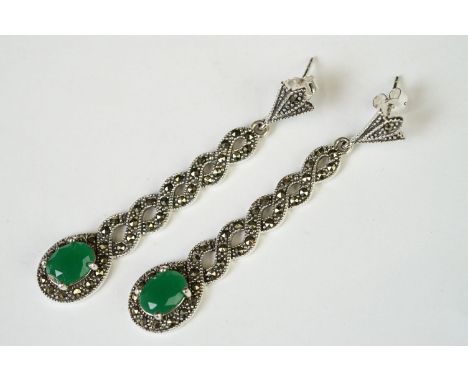 A pair of silver marcasite and jade art deco style drop earrings 