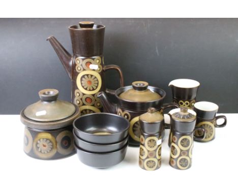 A Denby 'Arabesque' part tea and dinner service comprising of dinner plates, side plates, cups, saucers, bowls, cruets and Tu