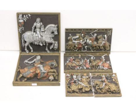 Five Marcus Designs ceramic wall plaques depicting Medieval knights, featuring Edward III, Richard, III, Battle of Evesham an