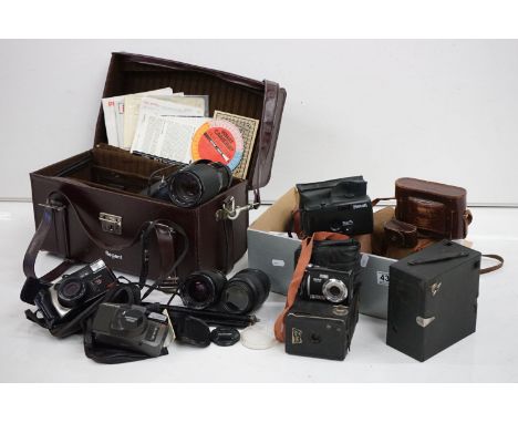 Collection of cameras, lenses &amp; accessories to include Kodak No. 2 Brownie, Olympus AZ-1 Zoom, Vivitar ViviCam T324 digit