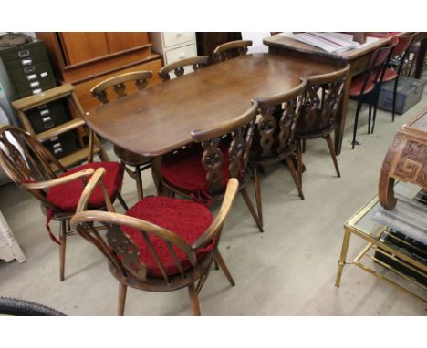 Ercol Dark Elm Refectory style Dining Table, 153cm long x 76cm deep x 73cm high together with Set of Six Ercol Fleur De Lys D