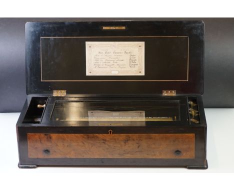 19th Century Swiss six-airs music box, the walnut veneered lid opening to a 33cm long cylinder and three-piece comb housed be