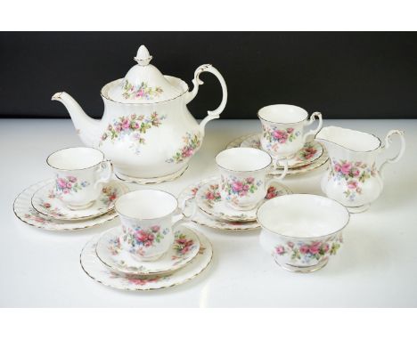 Royal Albert 'Moss Rose' part tea service, comprising: teapot and cover, milk jug, sugar bowl and four tea cups and saucers 