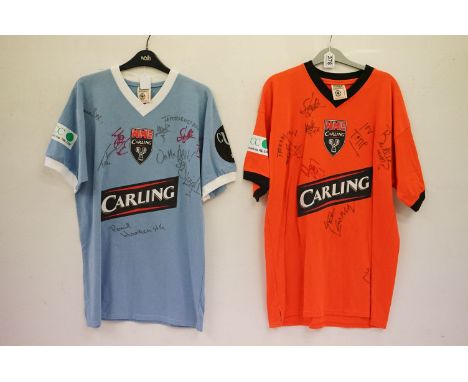 Football Shirts / Autographs - Two NME Carling Cup Charity number 4 shirts, a blue M size and an orange L size, both with mul