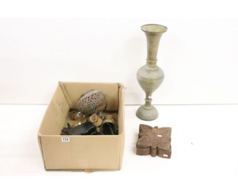Mixed collectables to include a large Persian engraved foliate brass vase (61cm high), a Moroccan light with hanging glass dr