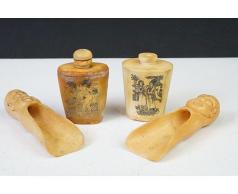 Two Chinese erotic painted perfume bottle together with two caddy spoons with buddha head handles. 