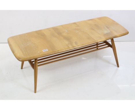 Ercol Blonde Elm and Beech Coffee Table with slatted shelf underneath, 103cm long x 37cm high 