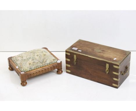 Ercol Oak Footstool with upholstered top, 36cm long x 16cm high together with Mahogany and Brass Bound Campaign style Box, 46