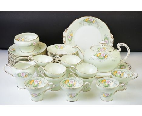 Aynsley part tea service, comprising: teapot and cover, milk jug and sugar bowl, two cake plates, twelve cups and saucers and