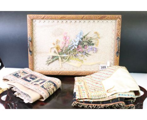 Mixed collectables to include an embroidered silk wall hanging of an Indian elephant (88cm x 86cm), a large Chinese wooden tr