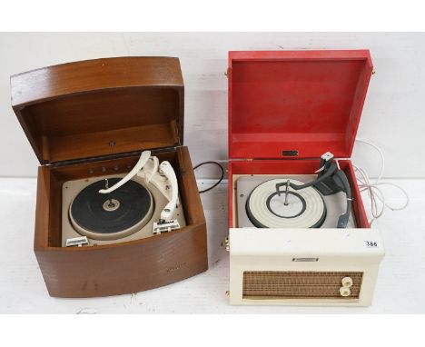 A mid 20th century Dansette red table top record player together with a Pye black box wooden cased example