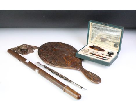Group of collectables to include a carved Buddhist wooden hand mirror (approx 38cm long), faux tortoiseshell manicure set (ca