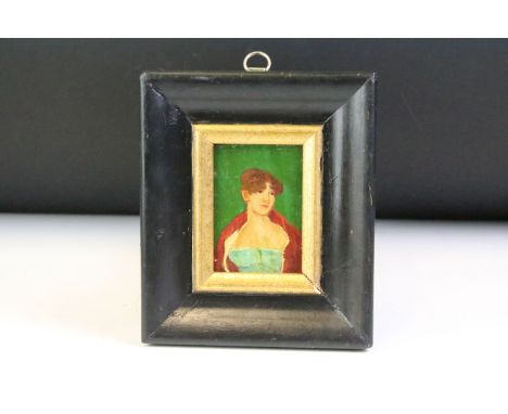 Head and shoulders, portrait of a Victorian lady in a red cloak, oil on board, 7.5 x 5cm, framed and glazed 