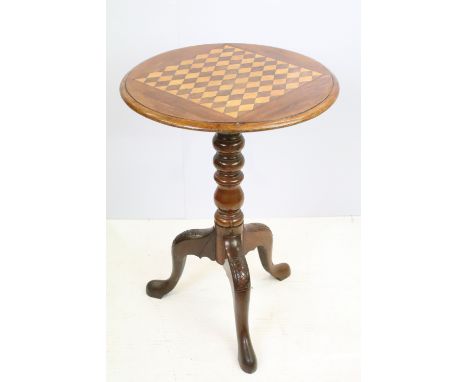 19th century circular occasional table, with parquetry inlaid game board type design, on associated turned support and tripod