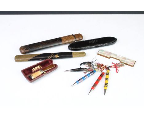 A small group of mixed collectables to include bridge pens, lacquer ware spectacles case, cheroot holder...etc.. 