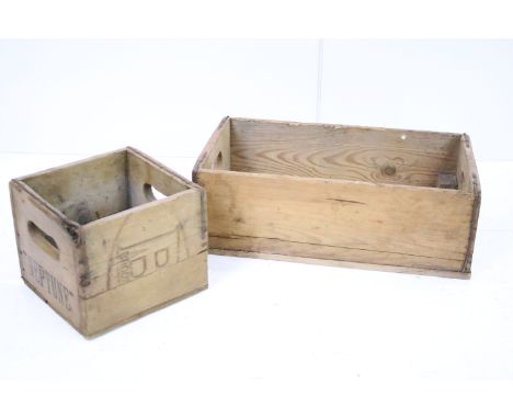 Bottle box, 18cm high x 21.5cm wide x 20cm deep and pine trug box, 15cm high x 46cm wide x 25.5cm deep 