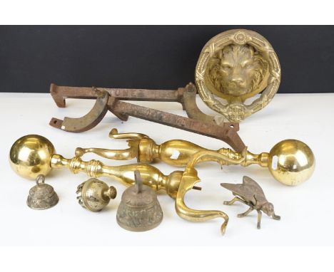 A small collection of mixed brassware to include a fireside vesta in the form of a fly, fire dogs, door knocker....etc.. 