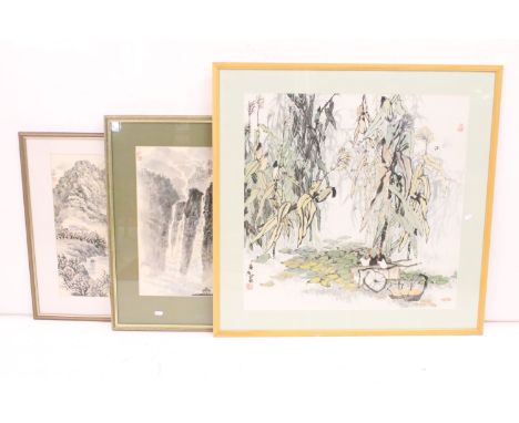Chinese School, landscape scene with sailing boats, mountains beyond, signature marks and red character seal upper left, 46.5
