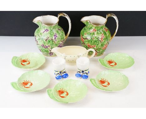 Clarice Cliff for Wilkinson Pottery gravy jug with green dot &amp; banded decoration, five Carlton Ware moulded leaf crab dis