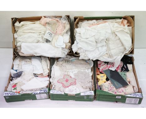 Five boxes of linen and textiles to include: lace, Christening gowns, baby clothes, gloves, bags, lingerie and other items (5