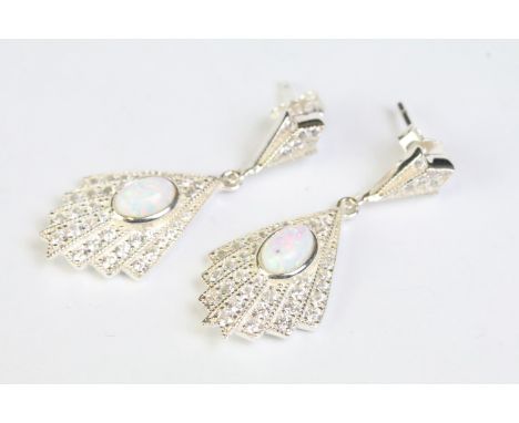 Pair of fan shaped CZ and opal panelled drop earrings 