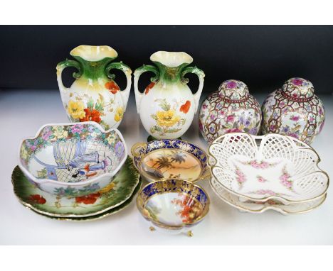 Collection of assorted ceramics to include a pair of Victorian B&amp;K Ltd poppy design vases and plates, a pair of Chinese g