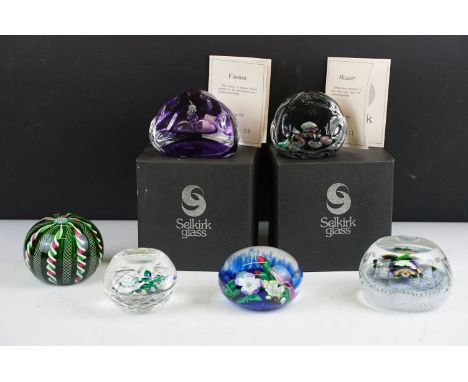 Six glass paperweights to include a John Deacons faceted lamp work pansy &amp; millefiori paperweight (with JD central cane d