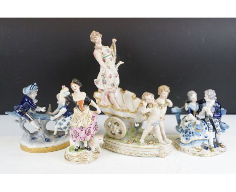 Sitzendorf figure group of a lady playing a harp on a chariot pulled by putti (a/f), two Dresden porcelain figure groups depi