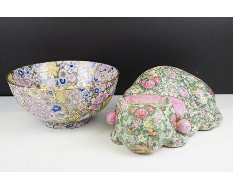 Chinese 'thousand flowers' gilt ground circular bowl, four-character seal mark to base (approx 26cm diameter), together with 